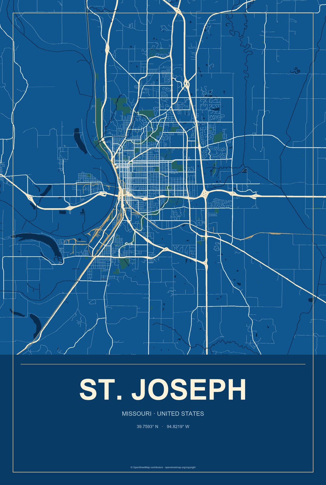 St. Joseph, Missouri City Map Aluminum Sign in Harbor Cobalt style