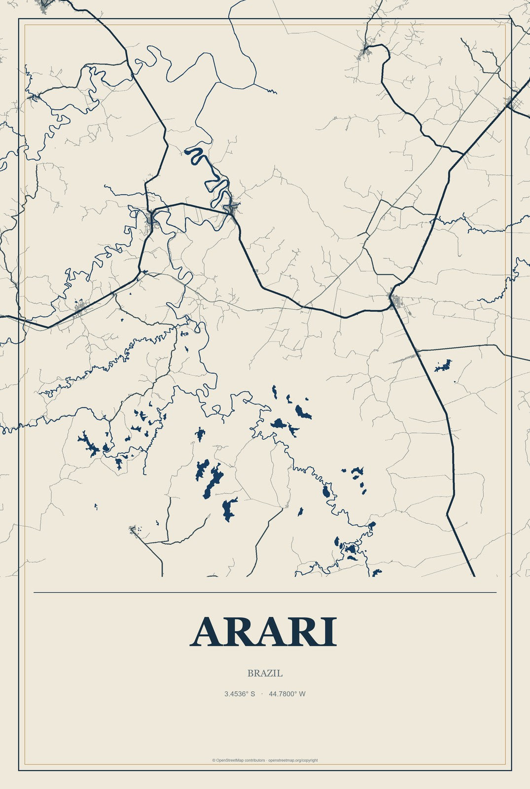 Arari, Brazil City Map Aluminum Sign in Coastal Cutout style