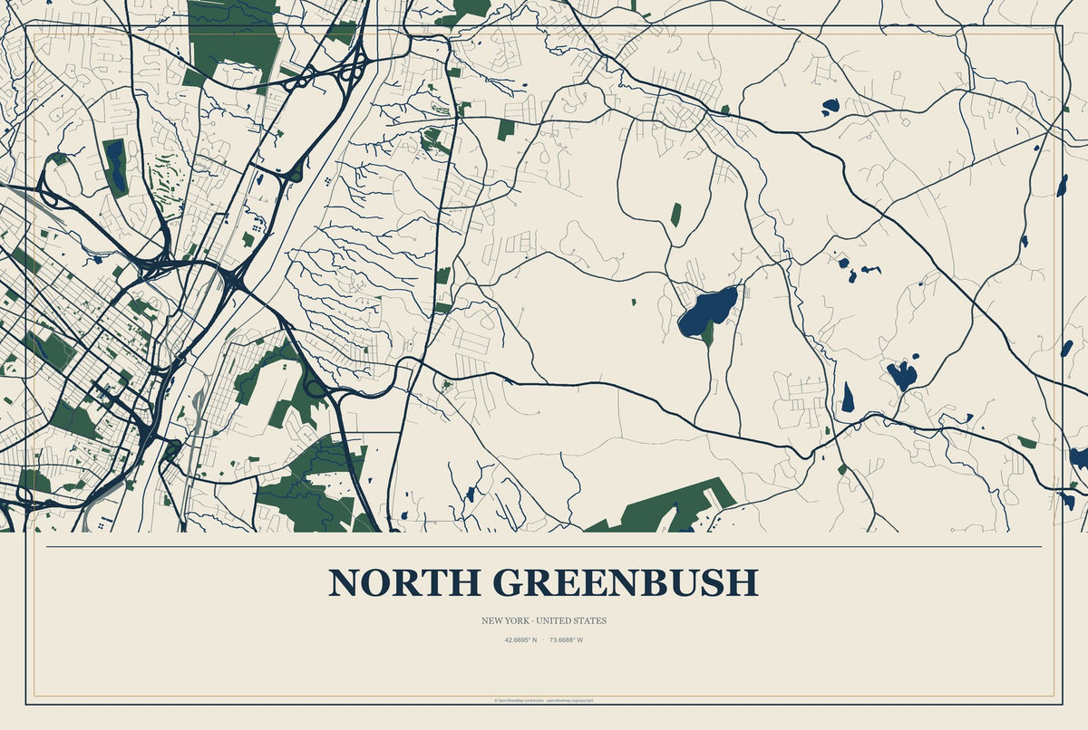 North Greenbush, New York City Map Aluminum Sign in Coastal Cutout style