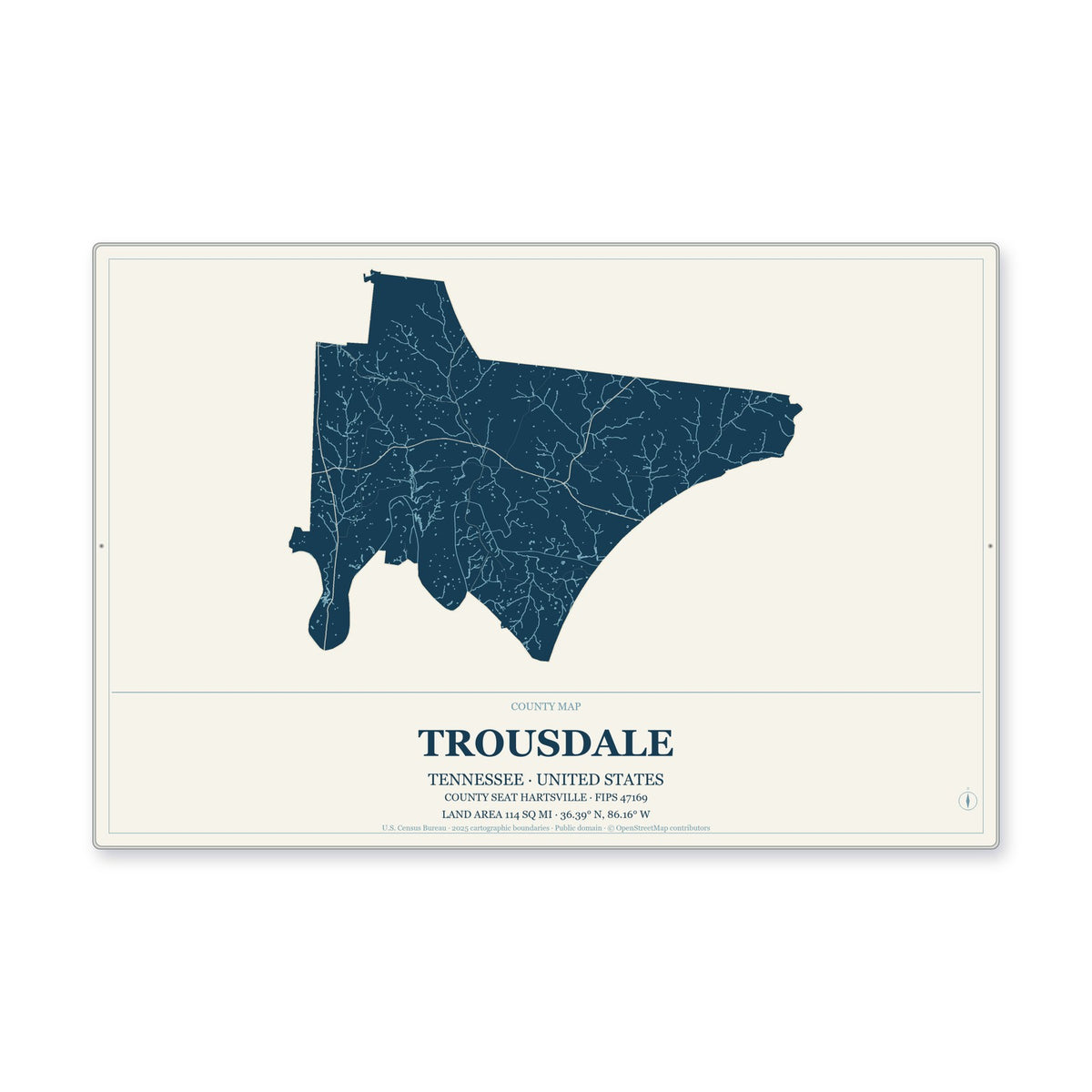 Trousdale County, Tennessee Map Aluminum Sign in Coastal Cutout style