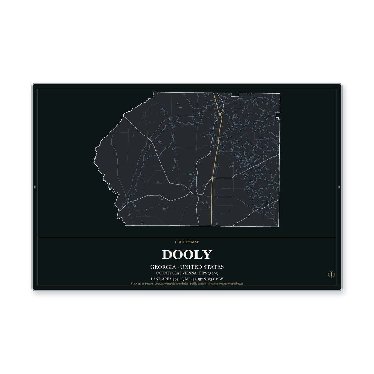 Dooly County, Georgia Map Aluminum Sign in Metropolitan Noir style