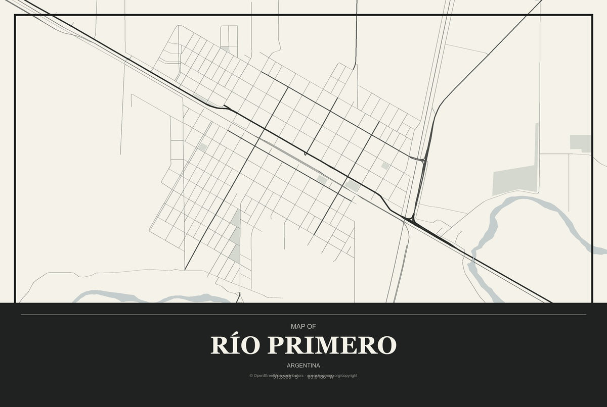 Río Primero, Argentina City Map Aluminum Sign in Museum Plaque style