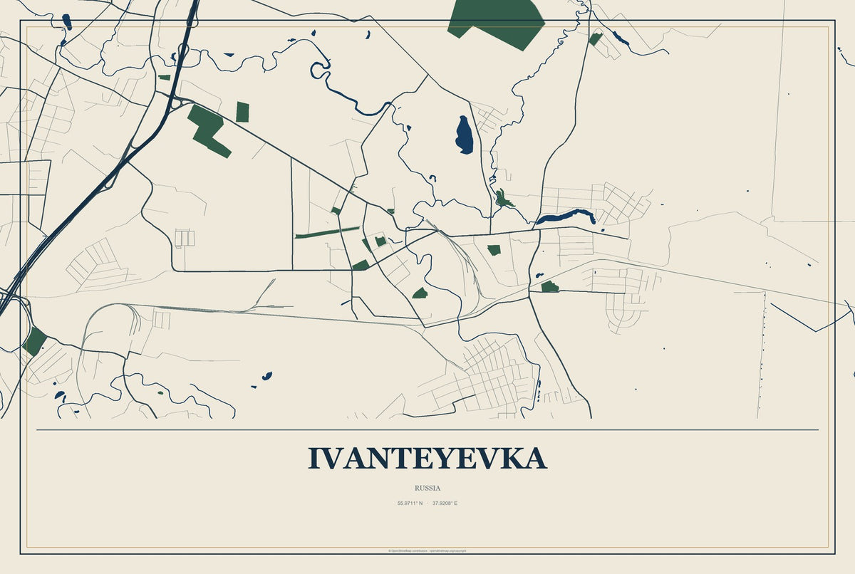 Ivanteyevka, Russia City Map Aluminum Sign in Coastal Cutout style