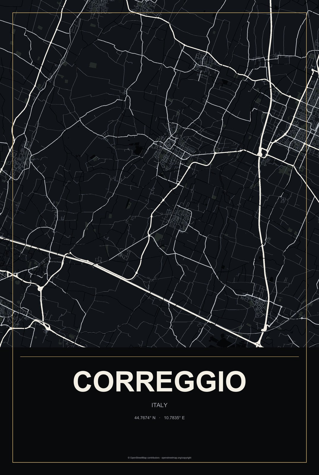 Correggio, Italy City Map Aluminum Sign in Metropolitan Noir style