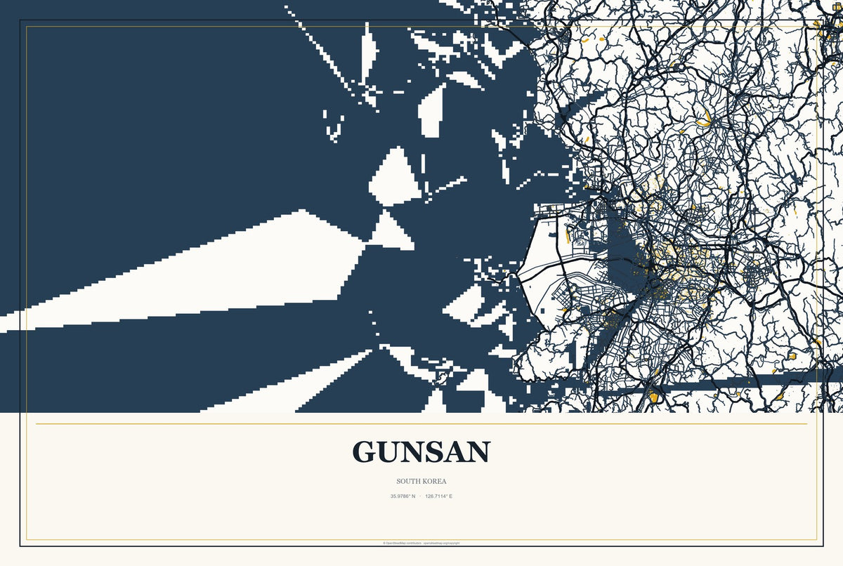 Gunsan, South Korea City Map Aluminum Sign in Citrine Modern style