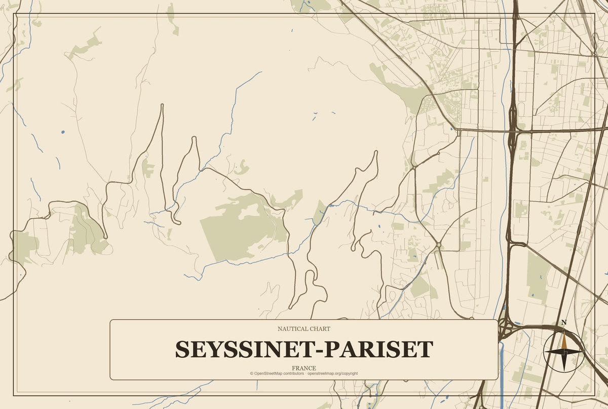 Seyssinet-Pariset, France City Map Aluminum Sign in Heritage Nautical style