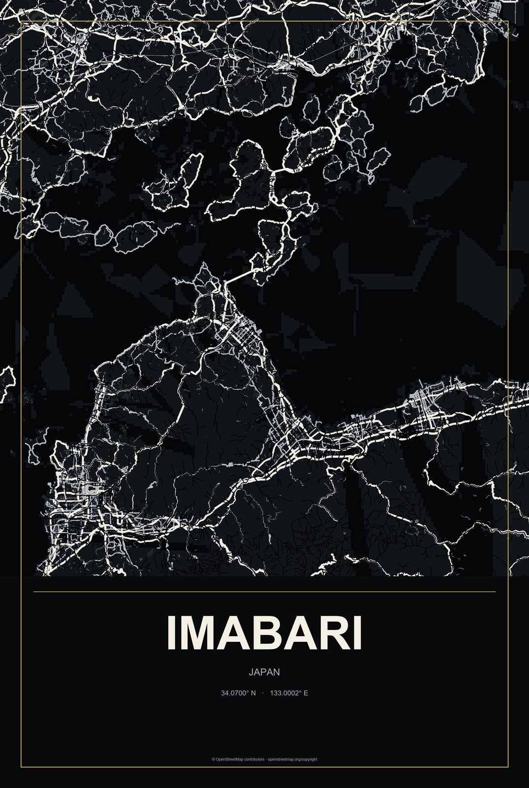 Imabari, Japan City Map Aluminum Sign in Metropolitan Noir style