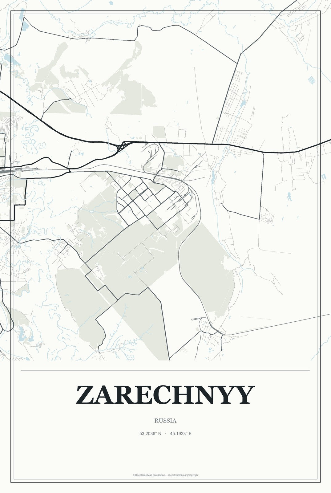 Zarechnyy, Sverdlovsk Oblast, Russia City Map Aluminum Sign in Gallery Air style