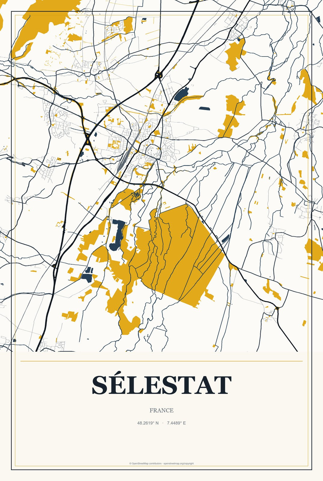 Sélestat, France City Map Aluminum Sign in Citrine Modern style