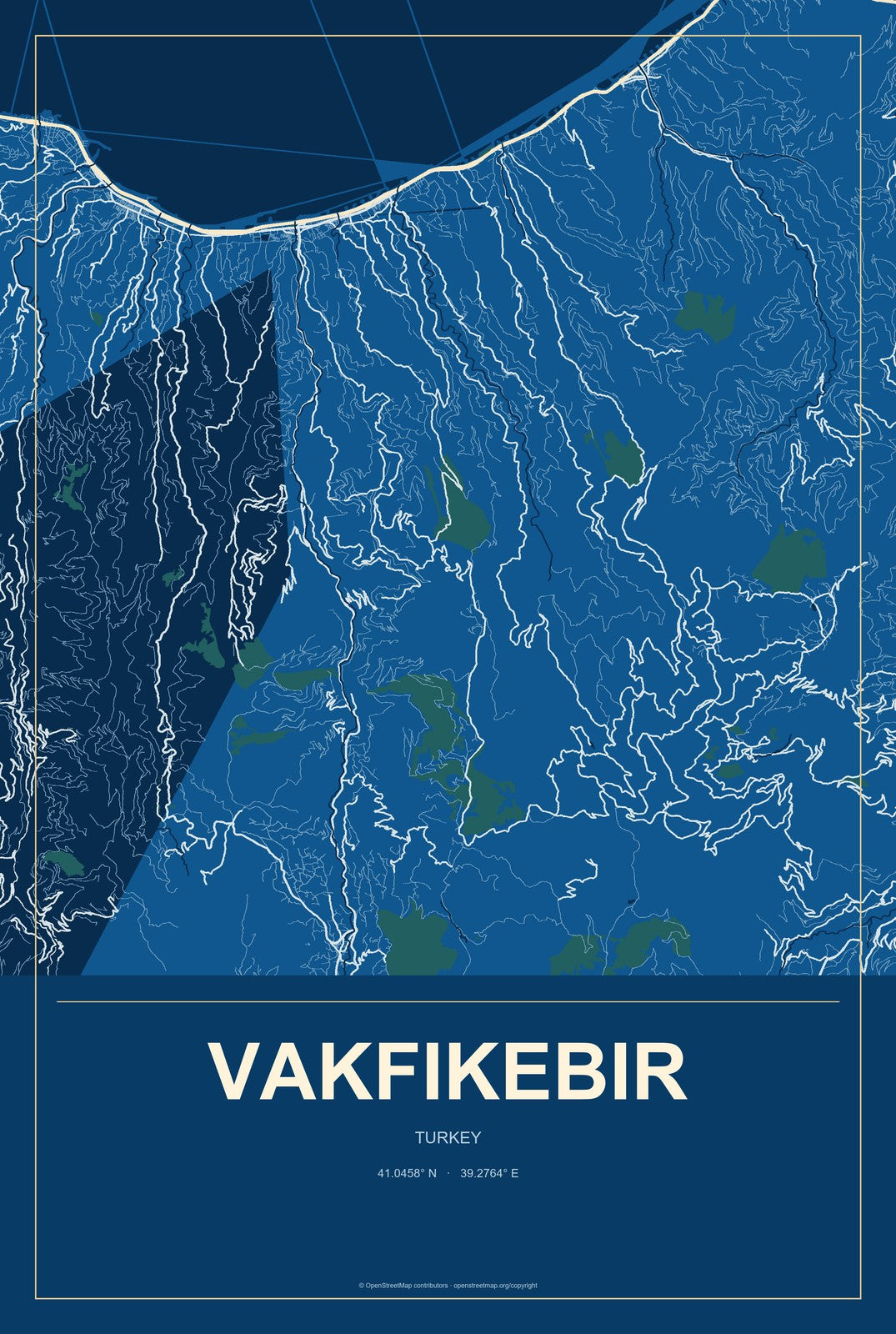 Vakfıkebir, Turkey City Map Aluminum Sign in Harbor Cobalt style