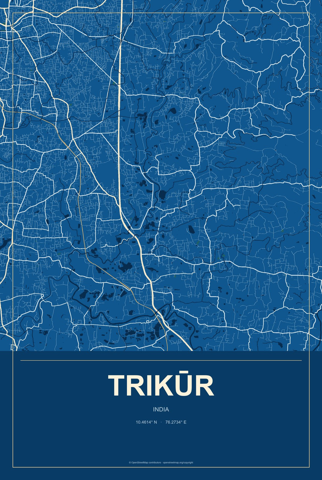Trikūr, India City Map Aluminum Sign in Harbor Cobalt style