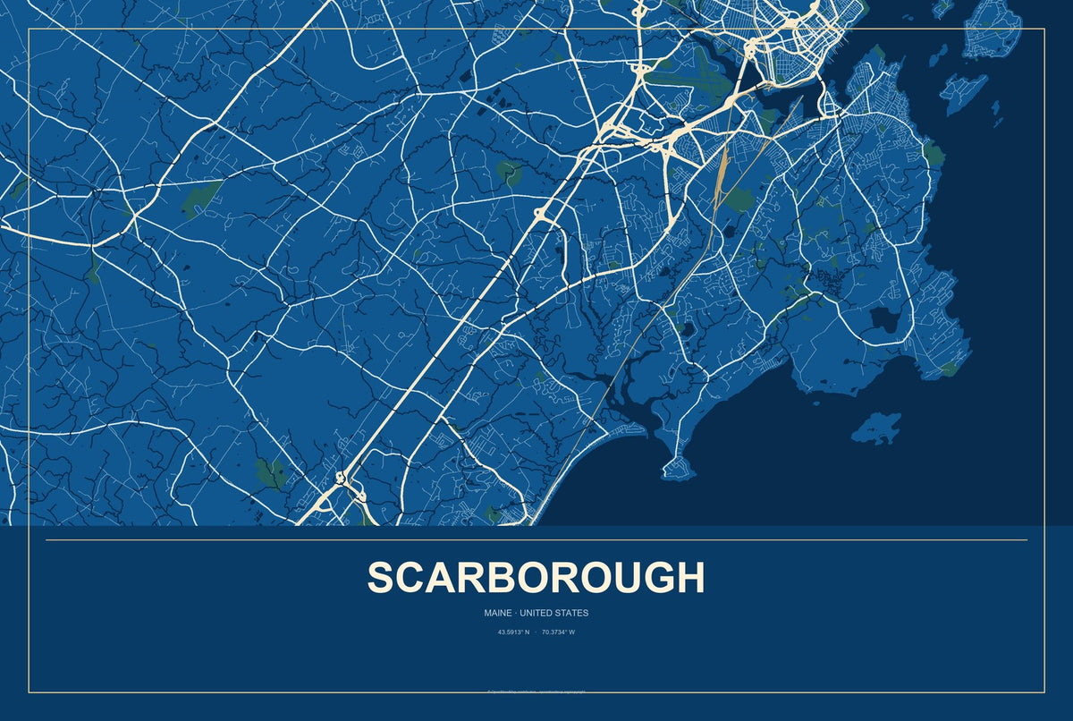 Scarborough, Maine City Map Aluminum Sign in Harbor Cobalt style