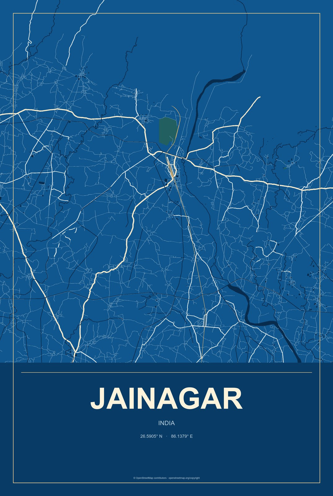 Jainagar, India City Map Aluminum Sign in Harbor Cobalt style