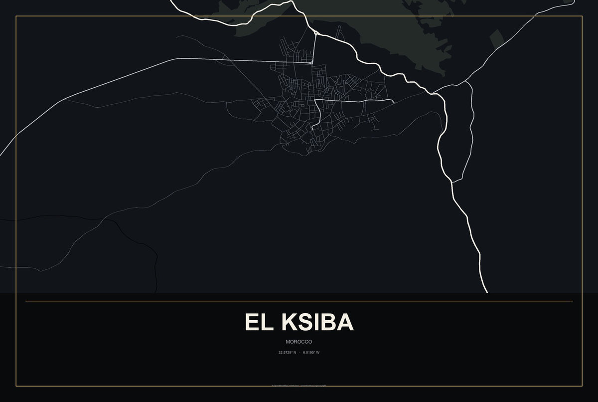 El Ksiba, Morocco City Map Aluminum Sign in Metropolitan Noir style