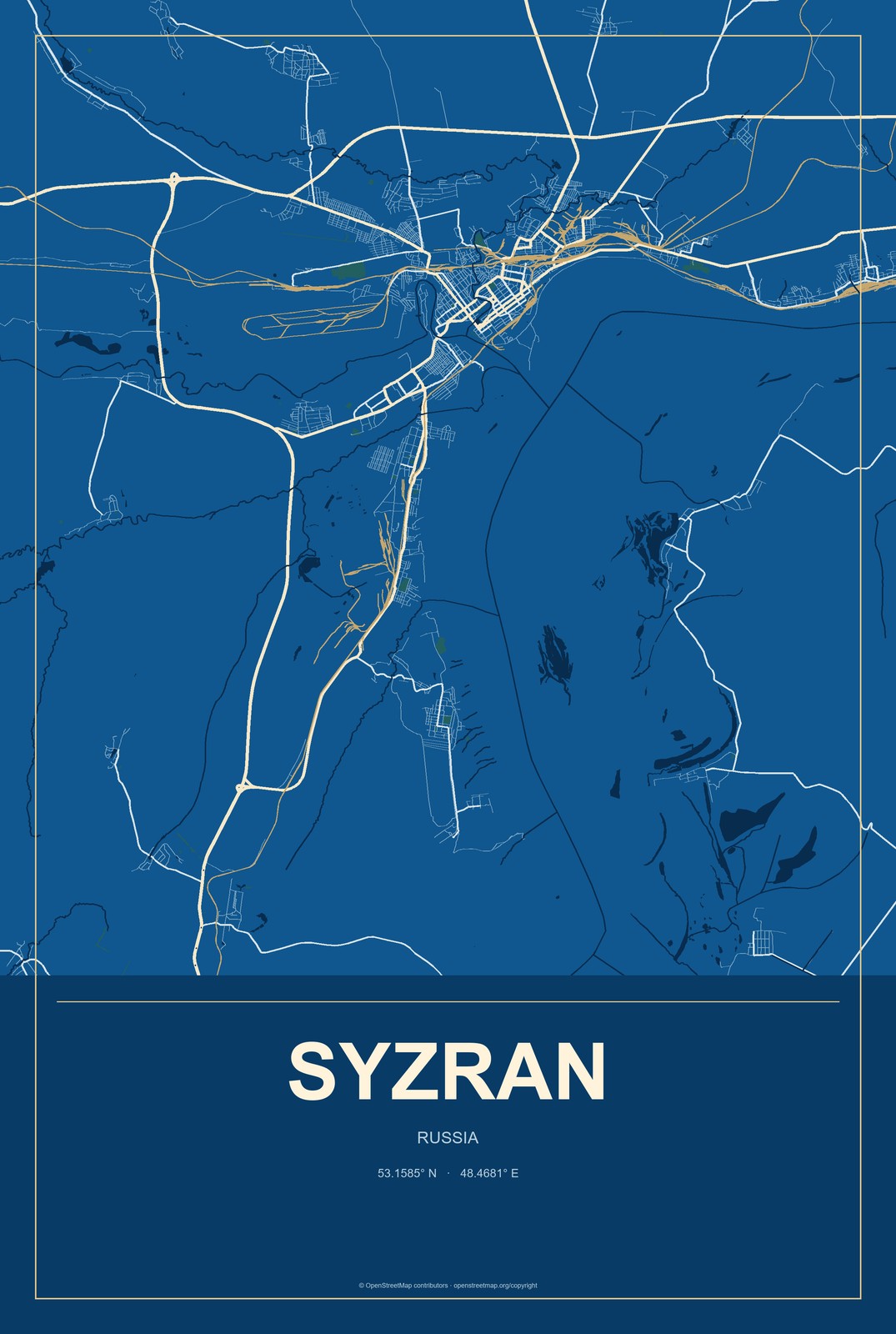 Syzran, Russia City Map Aluminum Sign in Harbor Cobalt style
