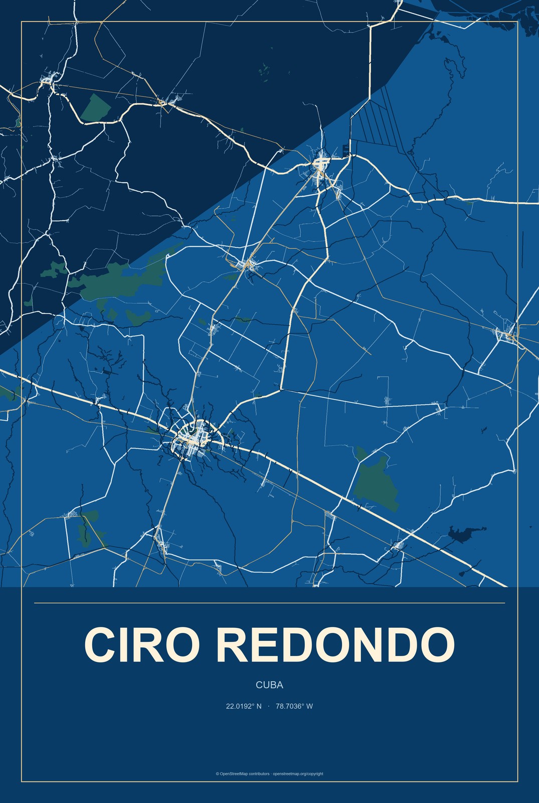 Ciro Redondo, Cuba City Map Aluminum Sign in Harbor Cobalt style