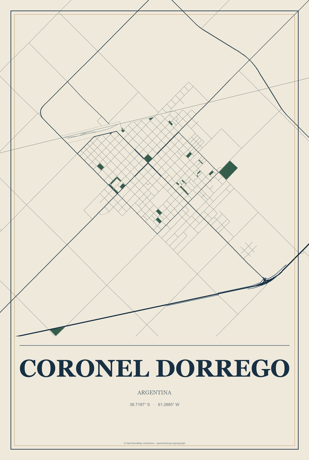Coronel Dorrego, Argentina City Map Aluminum Sign in Coastal Cutout style