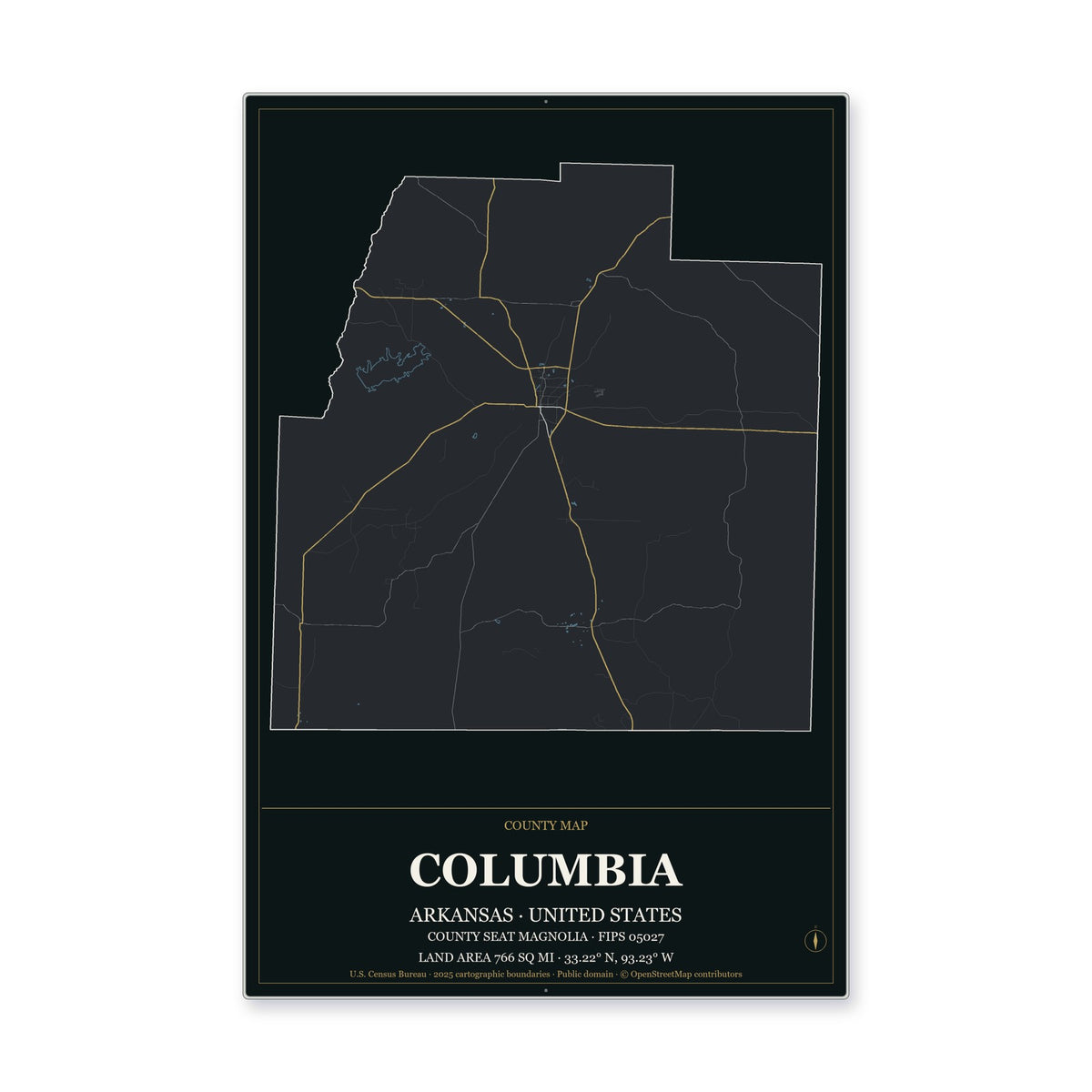 Columbia County, Arkansas Map Aluminum Sign in Metropolitan Noir style