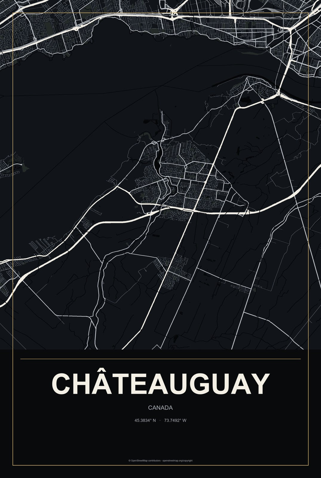 Châteauguay, Canada City Map Aluminum Sign in Metropolitan Noir style