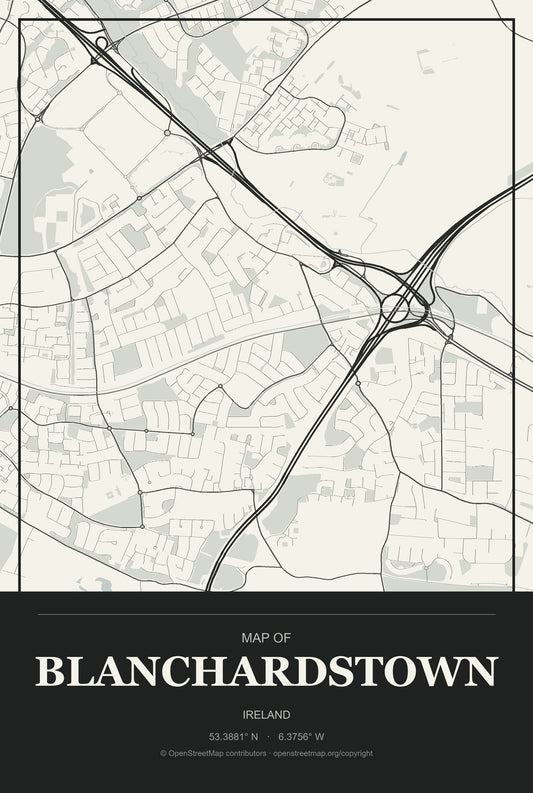 Blanchardstown, Ireland City Map Aluminum Sign in Museum Plaque style
