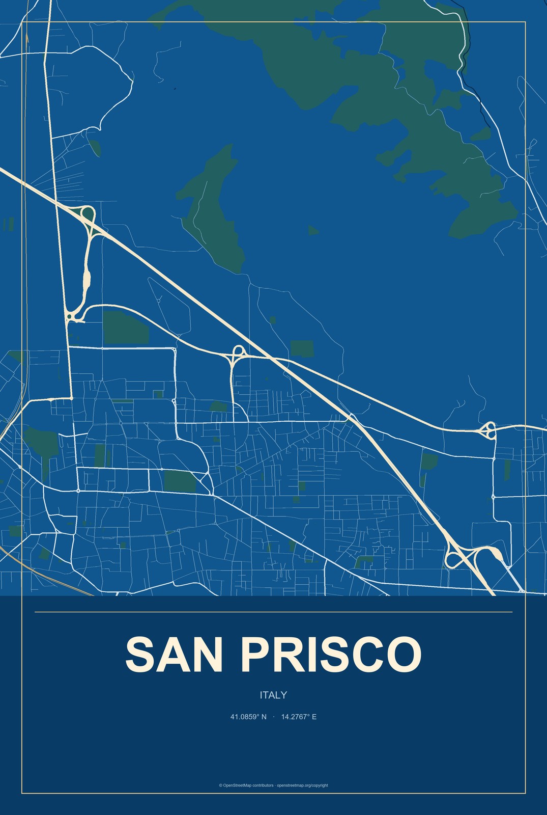 San Prisco, Italy City Map Aluminum Sign in Harbor Cobalt style
