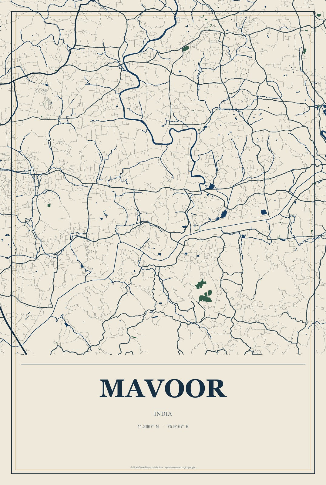 Mavoor, India City Map Aluminum Sign in Coastal Cutout style