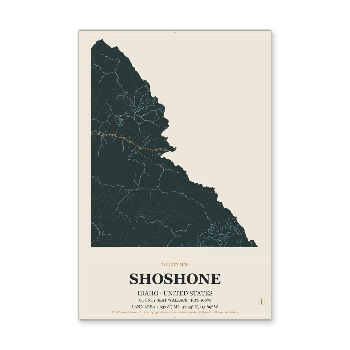 Shoshone County, Idaho Map Aluminum Sign in Headline Atlas style
