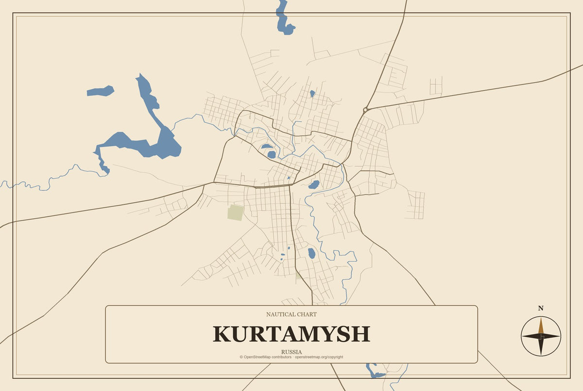 Kurtamysh, Russia City Map Aluminum Sign in Heritage Nautical style