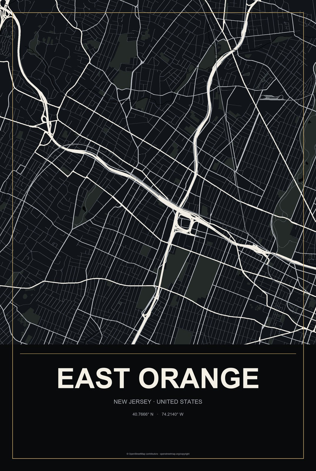 East Orange, New Jersey City Map Aluminum Sign in Metropolitan Noir style