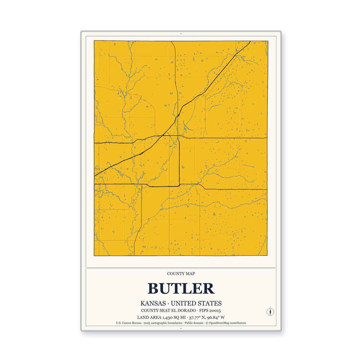 Butler County, Kansas Map Aluminum Sign in Citrine Modern style