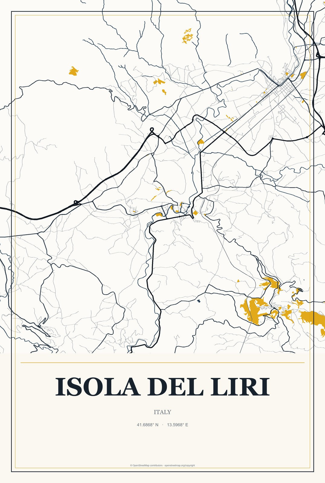 Isola del Liri, Italy City Map Aluminum Sign in Citrine Modern style
