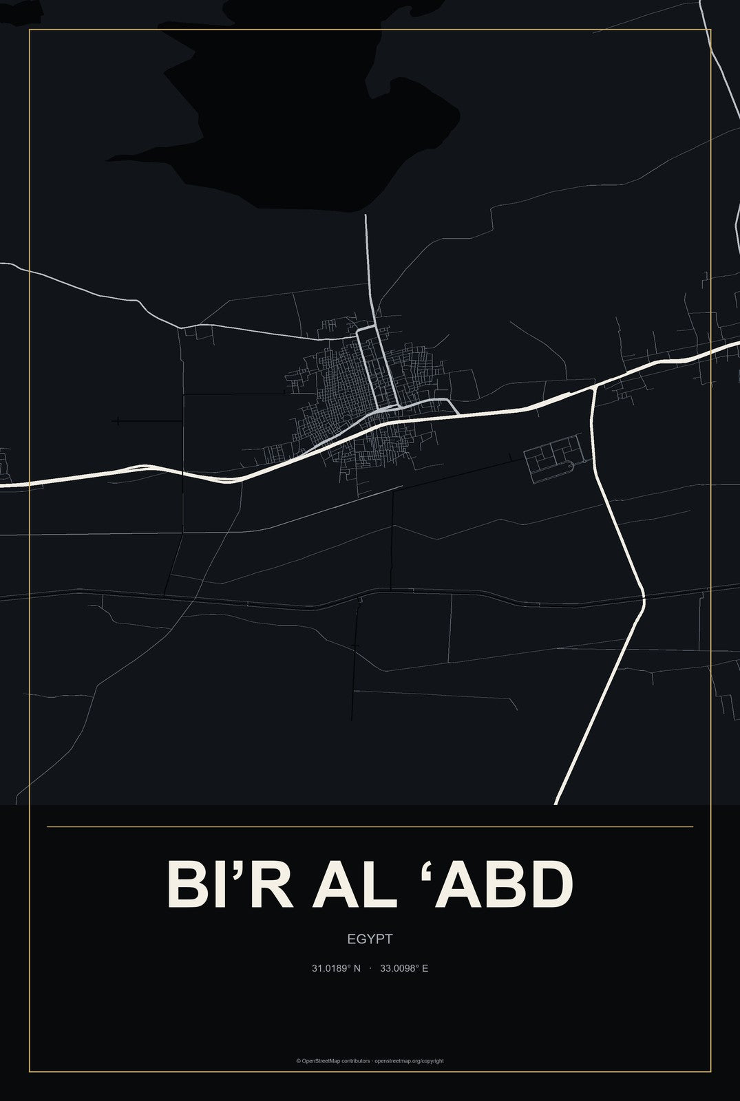 Bi’r al ‘Abd, Egypt City Map Aluminum Sign in Metropolitan Noir style