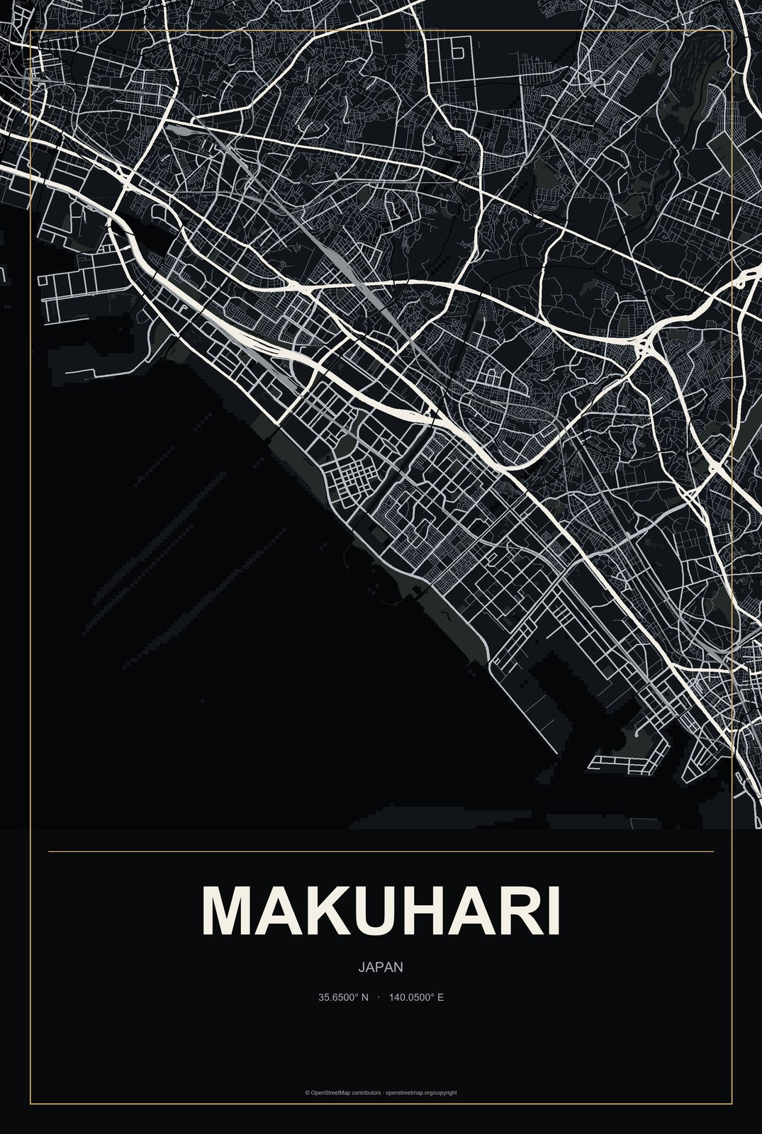 Makuhari, Japan City Map Aluminum Sign in Metropolitan Noir style