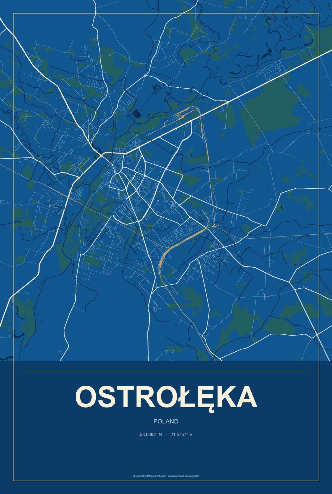Ostrołęka, Poland City Map Aluminum Sign in Harbor Cobalt style