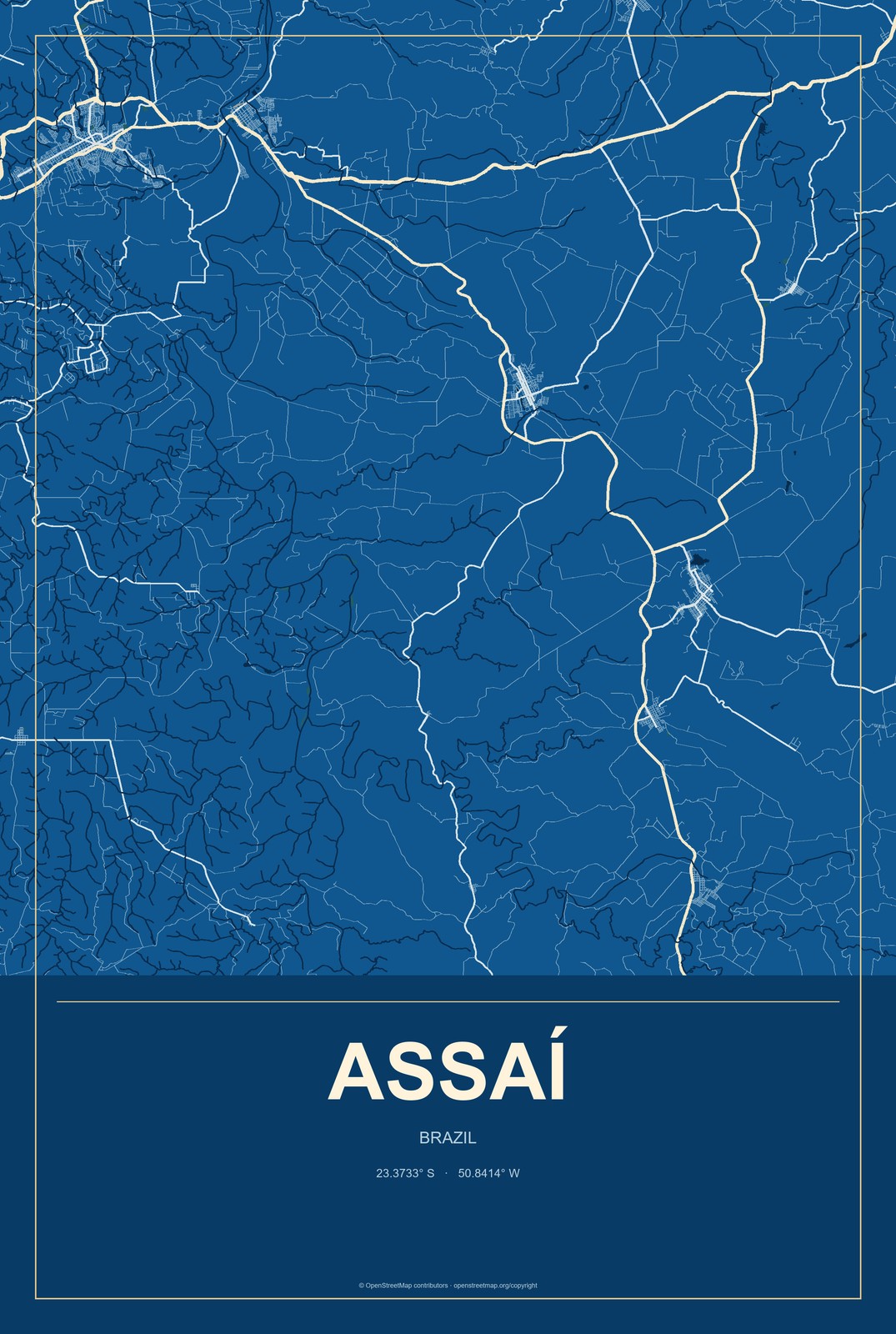 Assaí, Brazil City Map Aluminum Sign in Harbor Cobalt style
