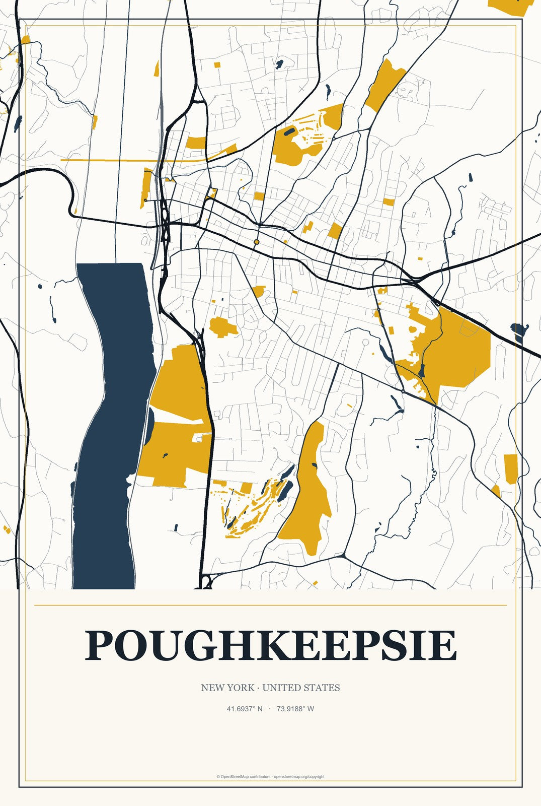 Poughkeepsie, New York City Map Aluminum Sign in Citrine Modern style