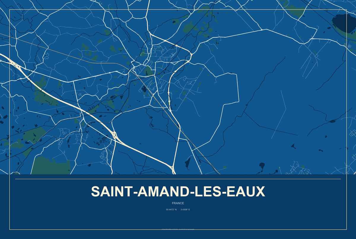Saint-Amand-les-Eaux, France City Map Aluminum Sign in Harbor Cobalt style