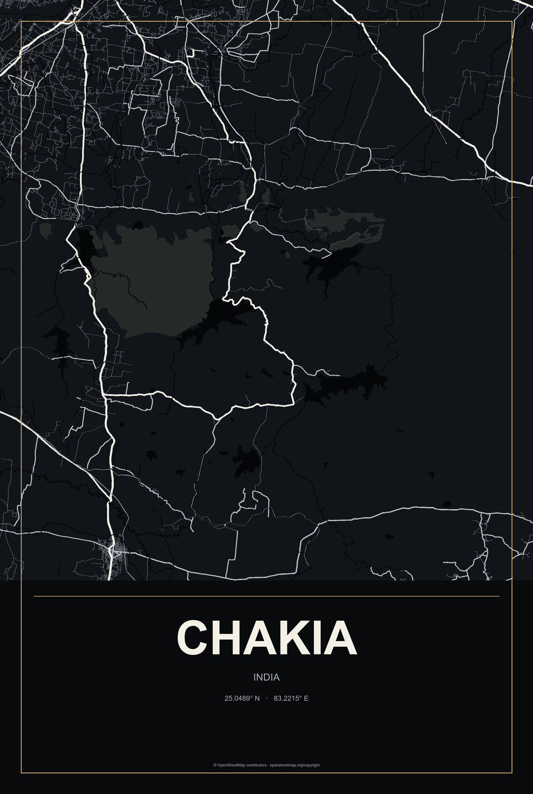 Chakia, India City Map Aluminum Sign in Metropolitan Noir style