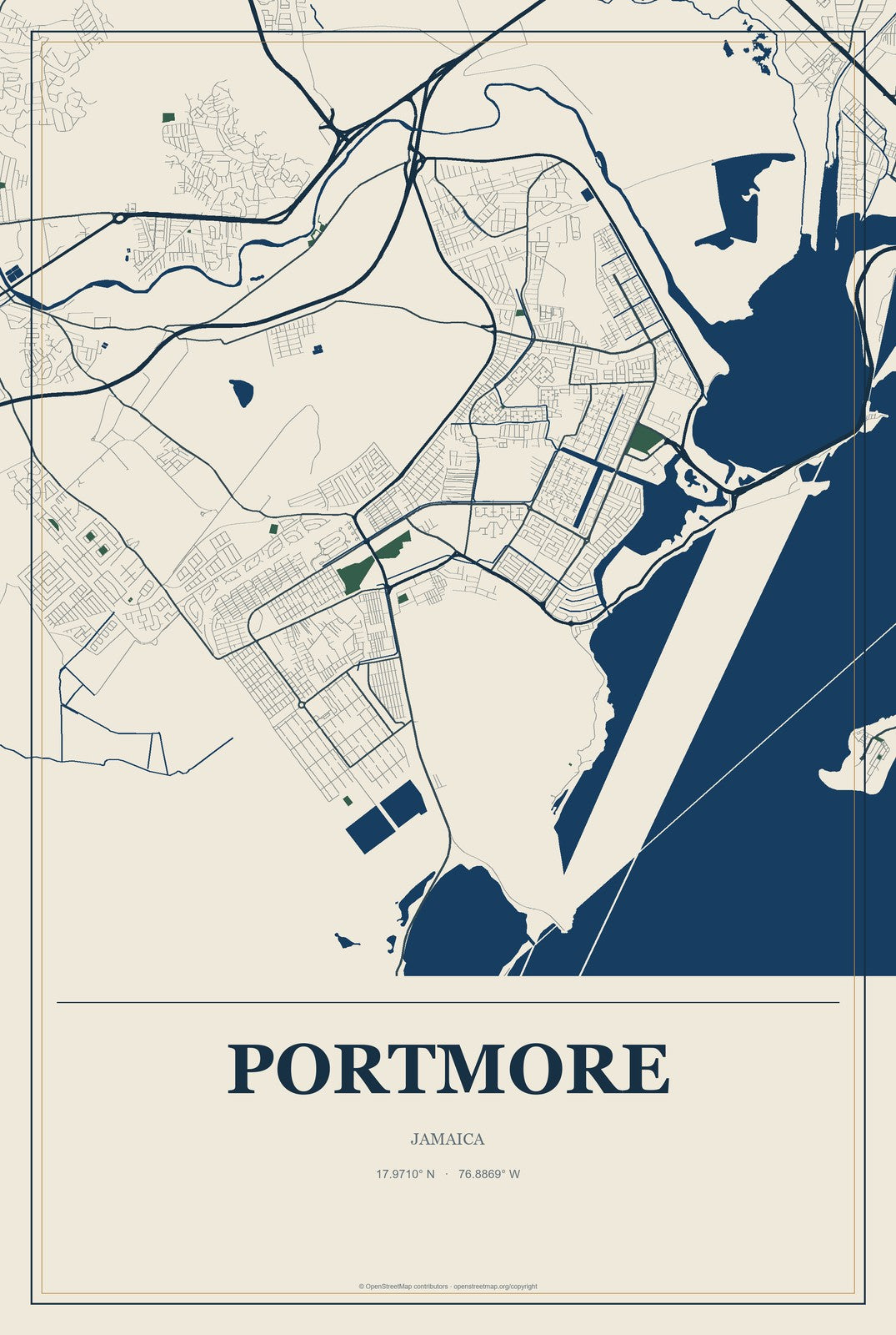 Portmore, Jamaica City Map Aluminum Sign in Coastal Cutout style