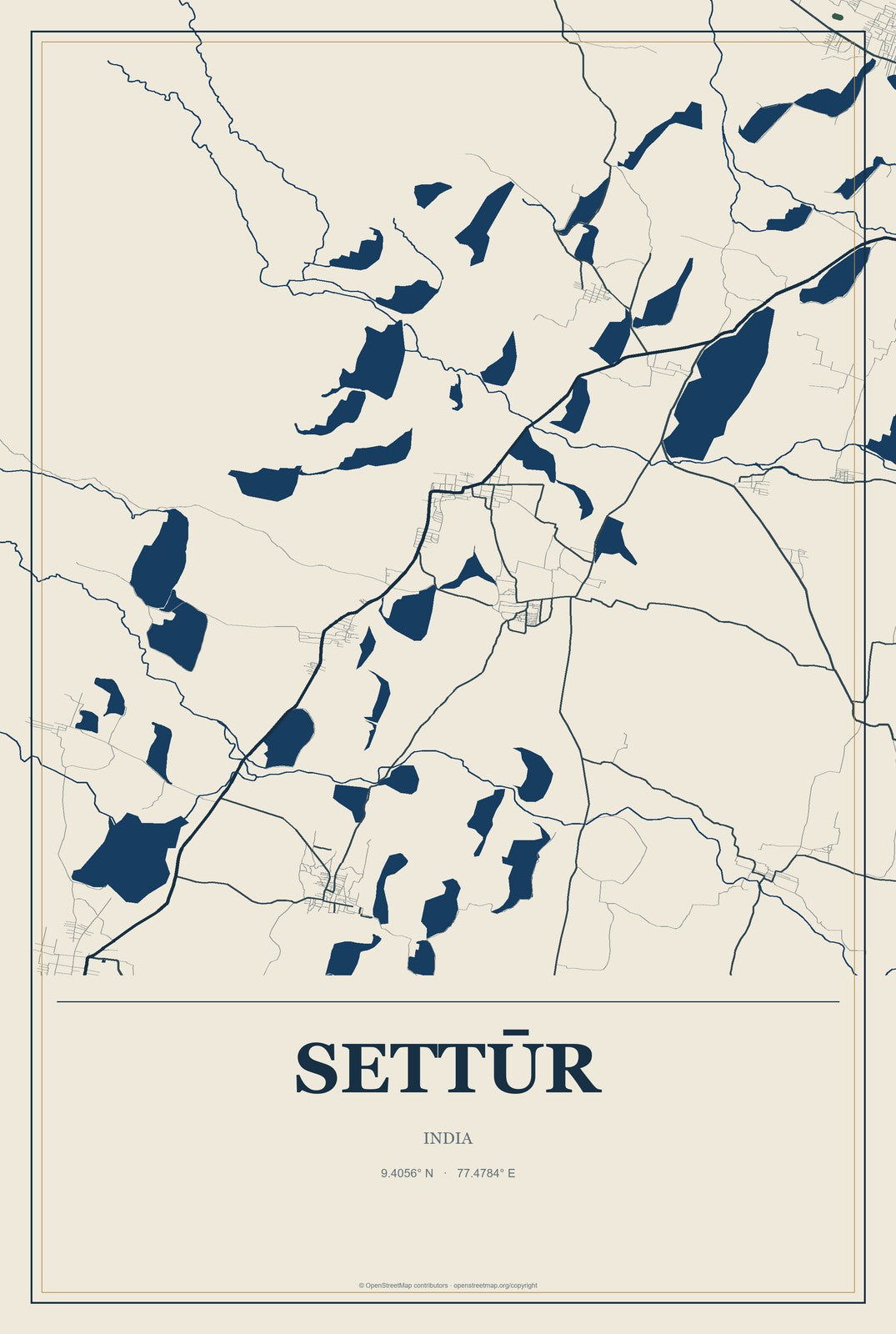 Settūr, India City Map Aluminum Sign in Coastal Cutout style
