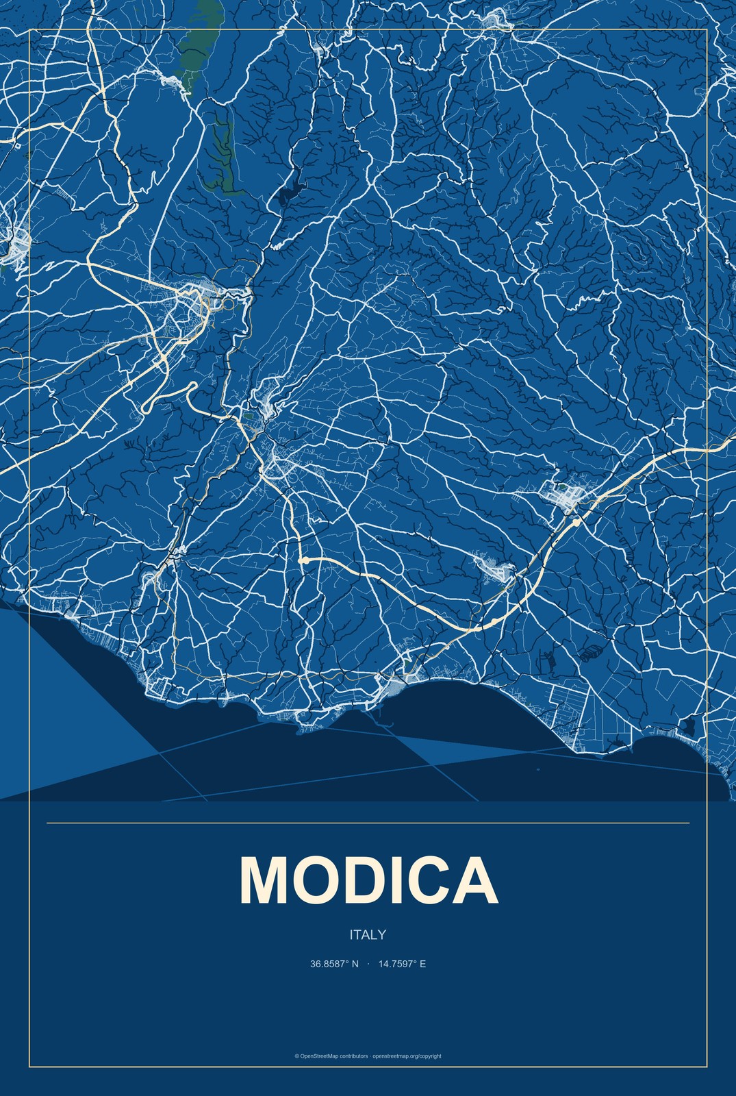 Modica, Italy City Map Aluminum Sign in Harbor Cobalt style