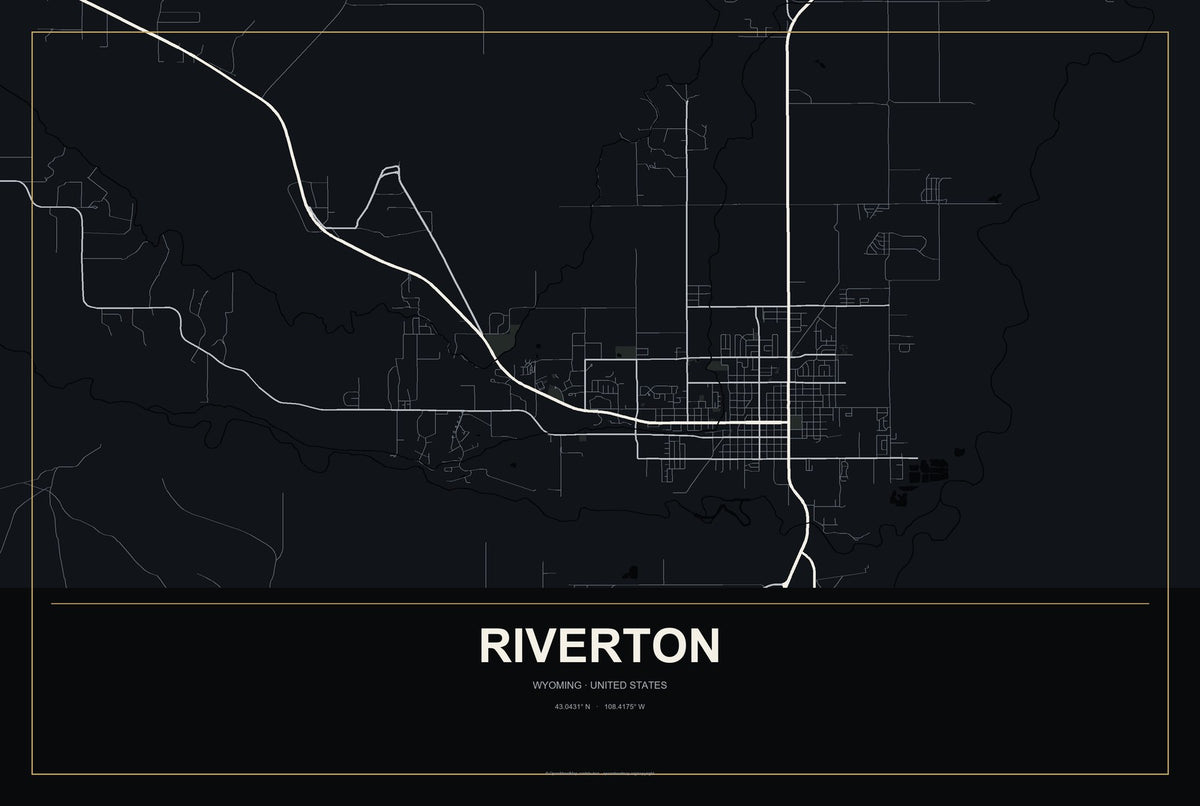 Riverton, Wyoming City Map Aluminum Sign in Metropolitan Noir style