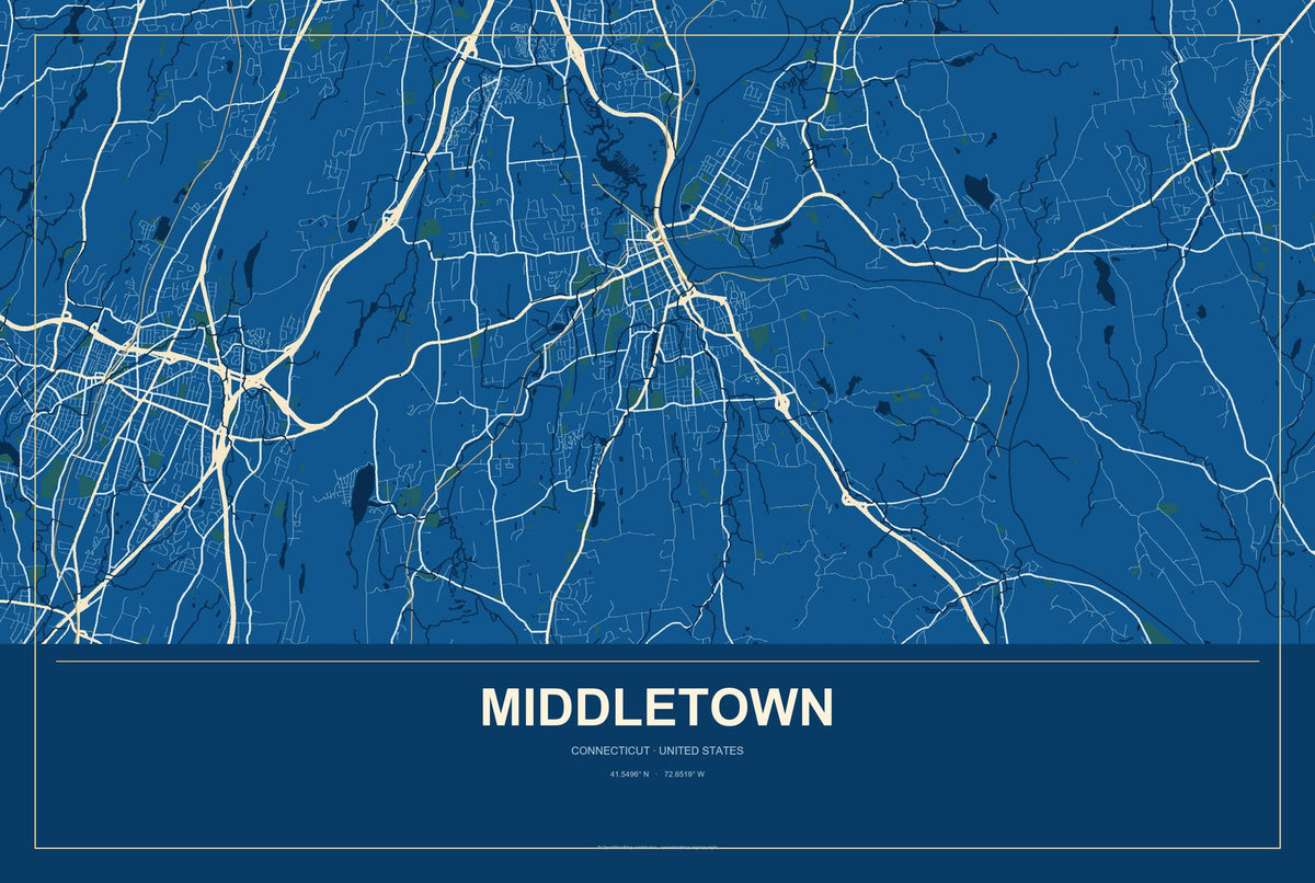 Middletown, Connecticut City Map Aluminum Sign in Harbor Cobalt style