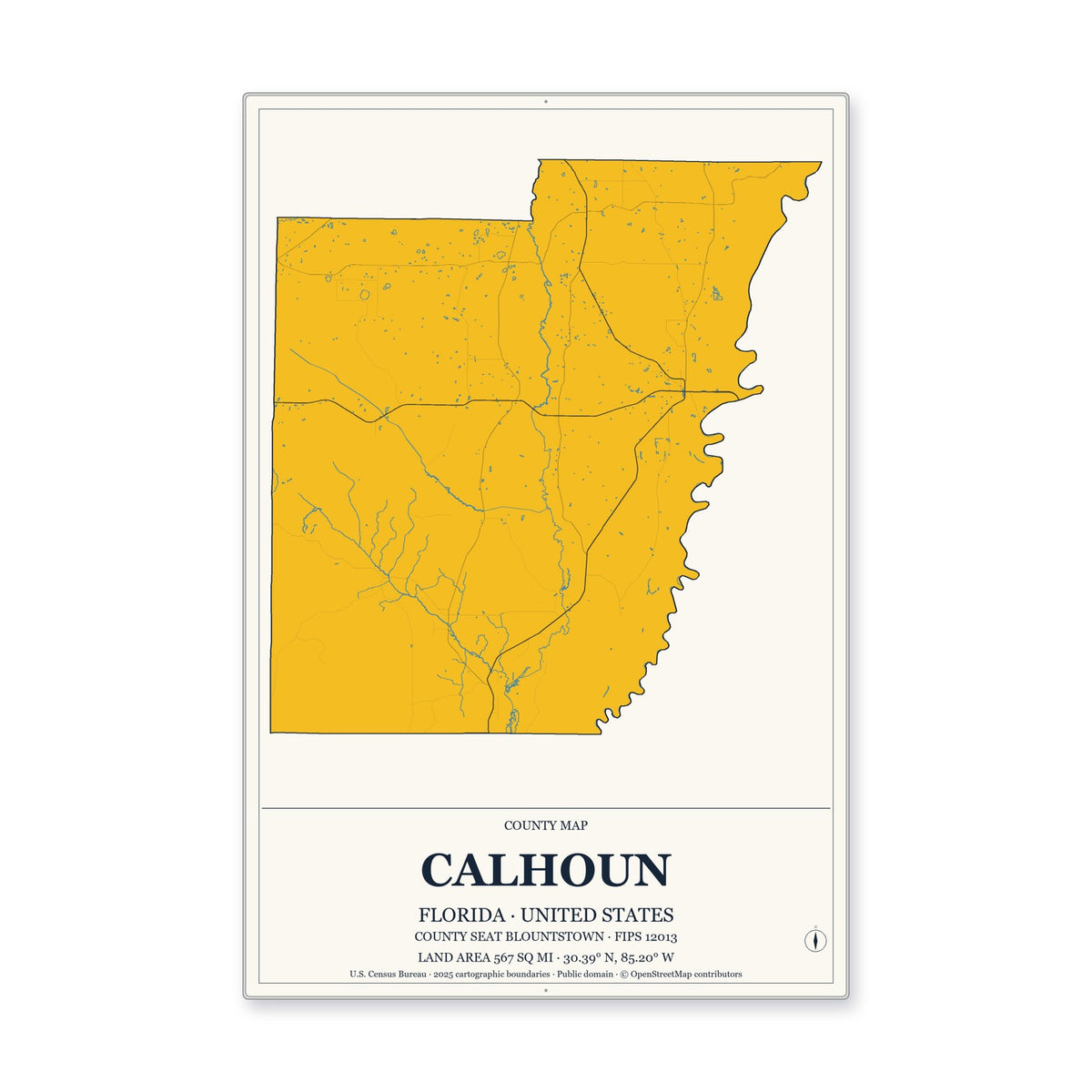 Calhoun County, Florida Map Aluminum Sign in Citrine Modern style