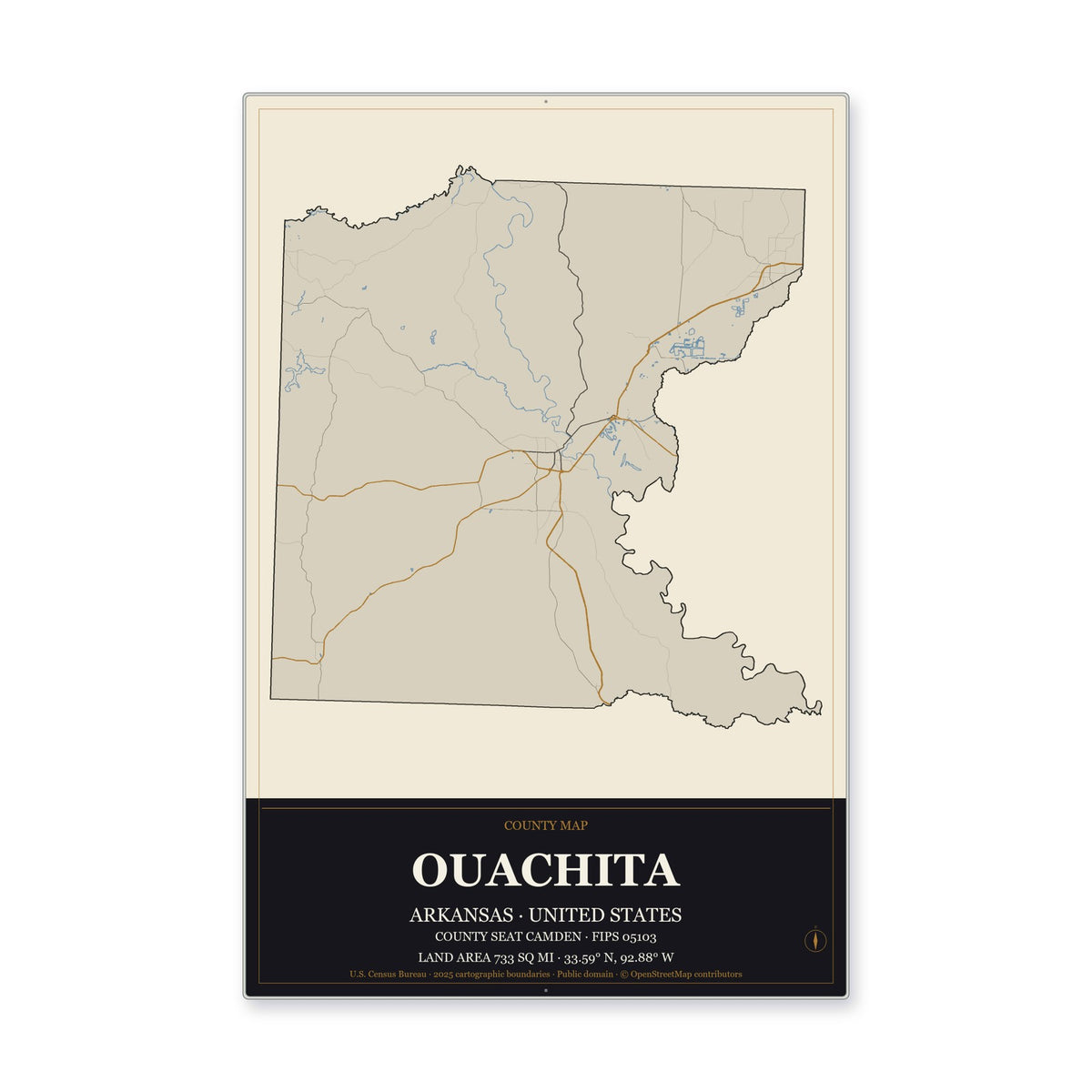 Ouachita County, Arkansas Map Aluminum Sign in Museum Plaque style