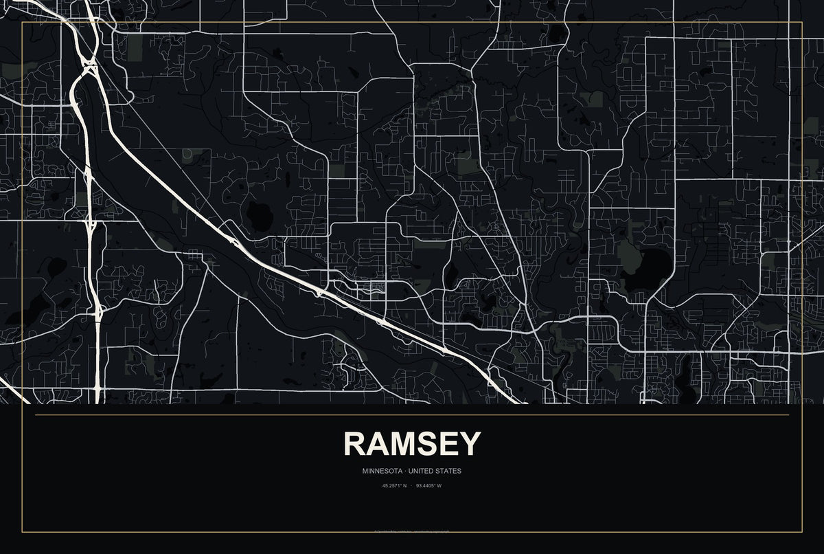 Ramsey, Minnesota City Map Aluminum Sign in Metropolitan Noir style