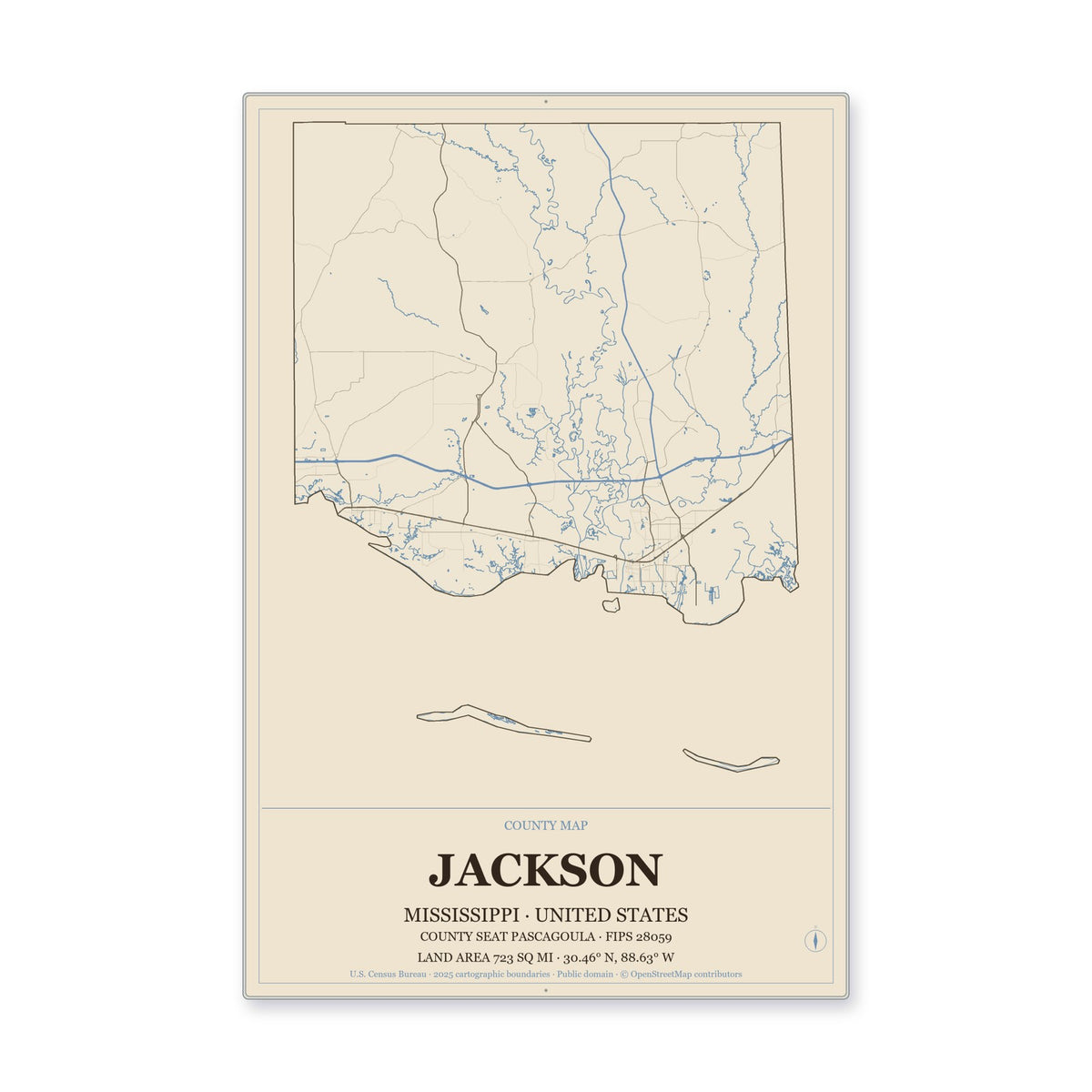 Jackson County, Mississippi Map Aluminum Sign in Heritage Nautical style