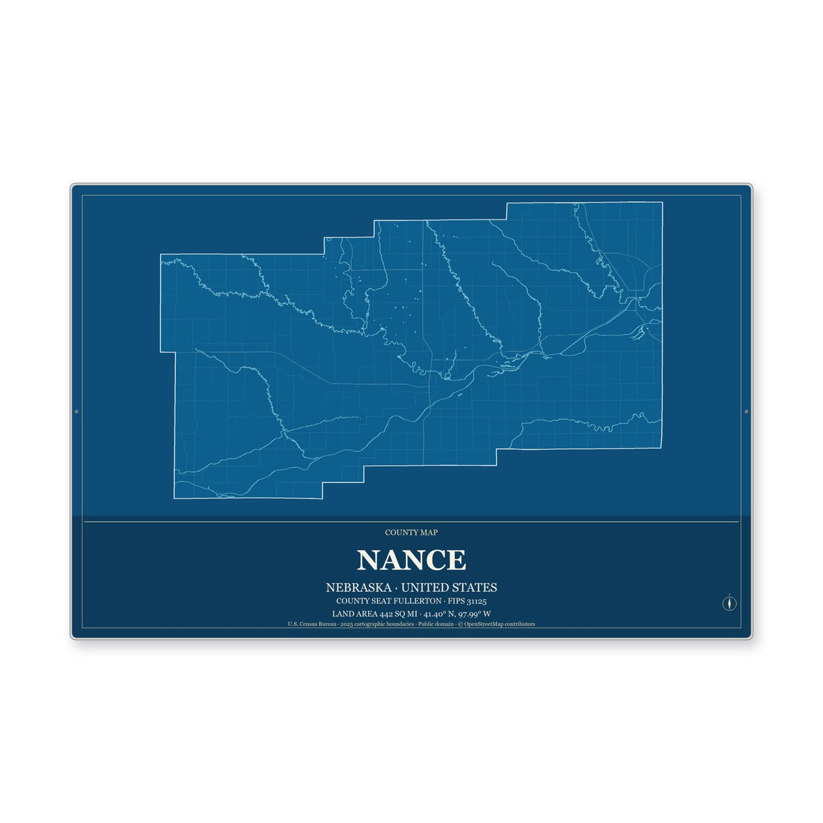 Nance County, Nebraska Map Aluminum Sign in Harbor Cobalt style