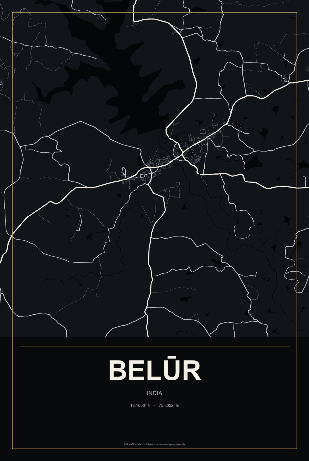 Belūr, India City Map Aluminum Sign in Metropolitan Noir style