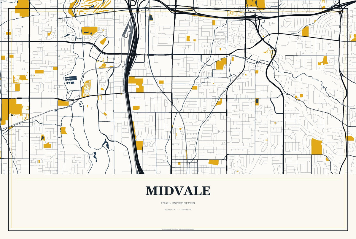 Midvale, Utah City Map Aluminum Sign in Citrine Modern style